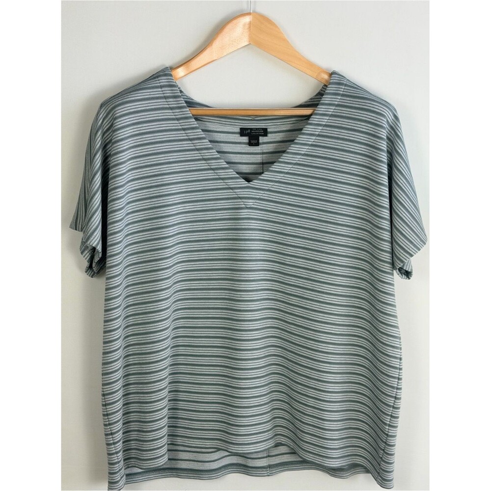 J Jill Wearever Sage Green Stripe Button Back V Neck Tee Large